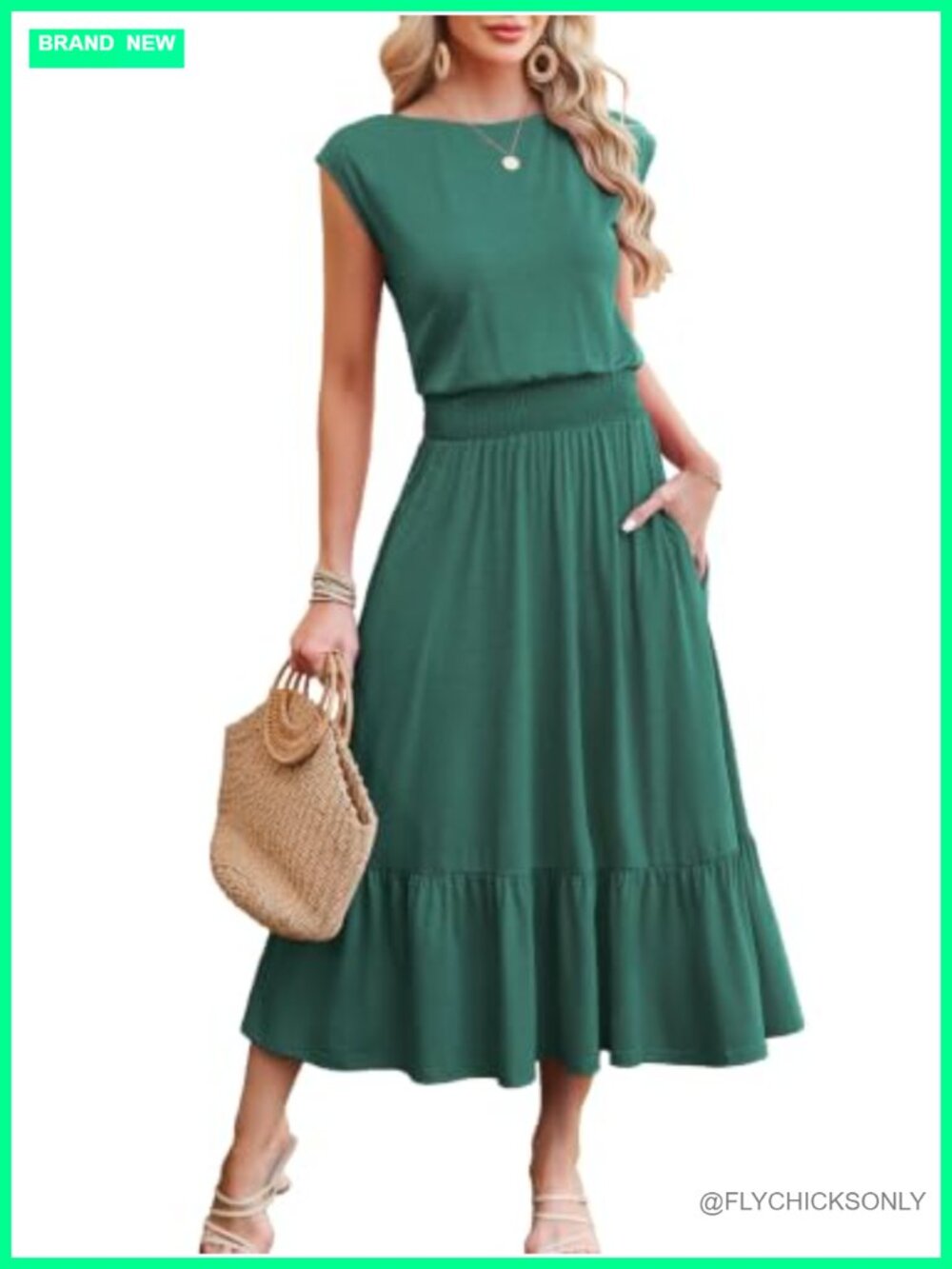 Kikibell Women's Cap Sleeve Elastic Waist Midi Dress with Pockets